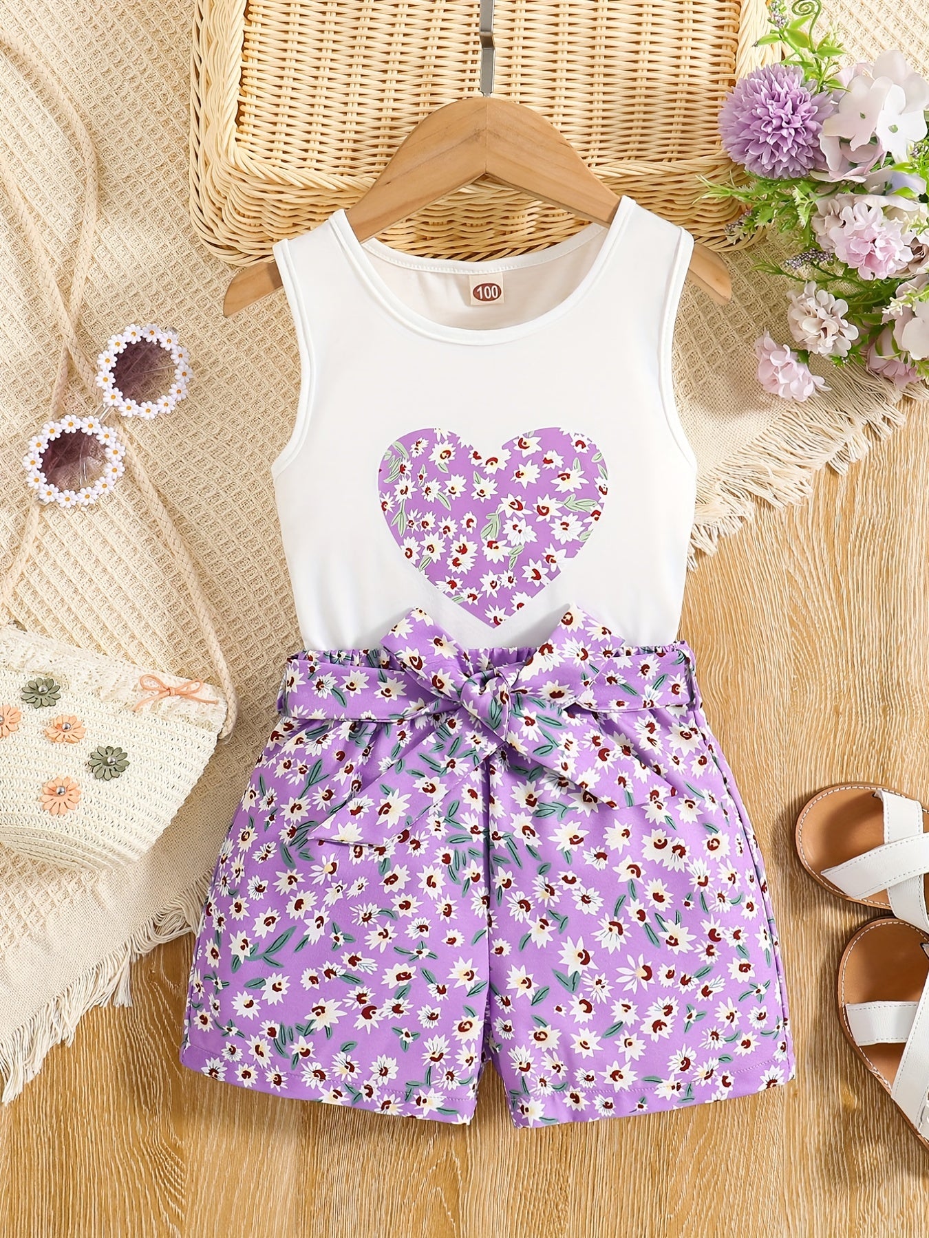 Girls 2pcs Round Neck Sleeveless Tank Top & Elastic Waist Shorts With Belt Floral Love Print Casual Kids Clothes Summer