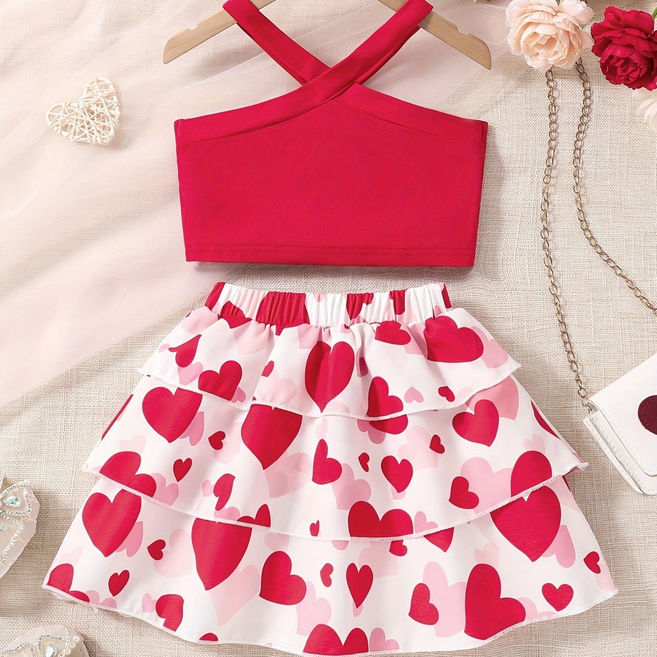 2pcs Toddler Girls Crisscross Halter Top & Heart Graphic Layered Hem Skirt Set Kids Summer Clothes