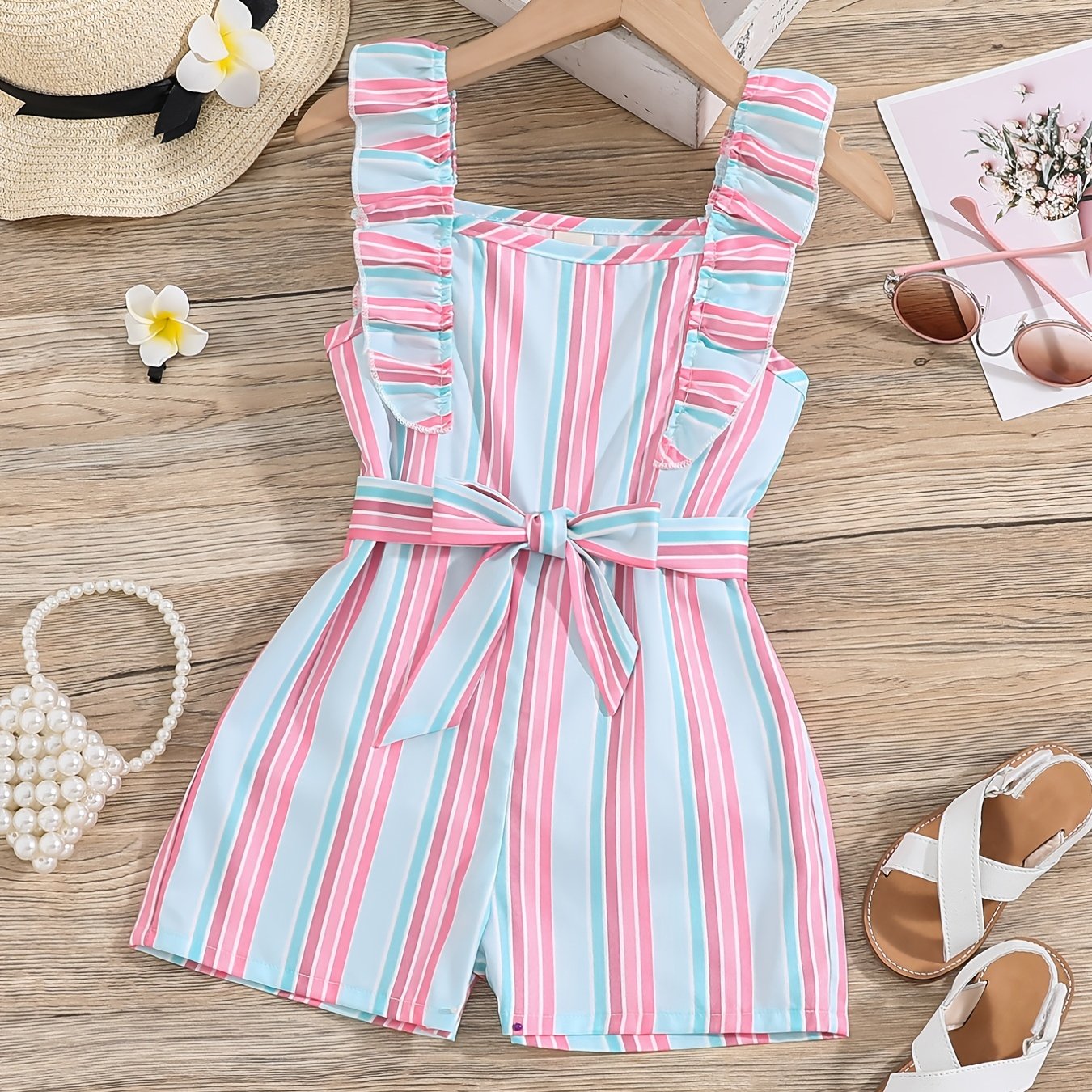 Girls Sleeveless Ruffle Trim Romper Striped Jumpsuit With Belt Kids Summer Clothes