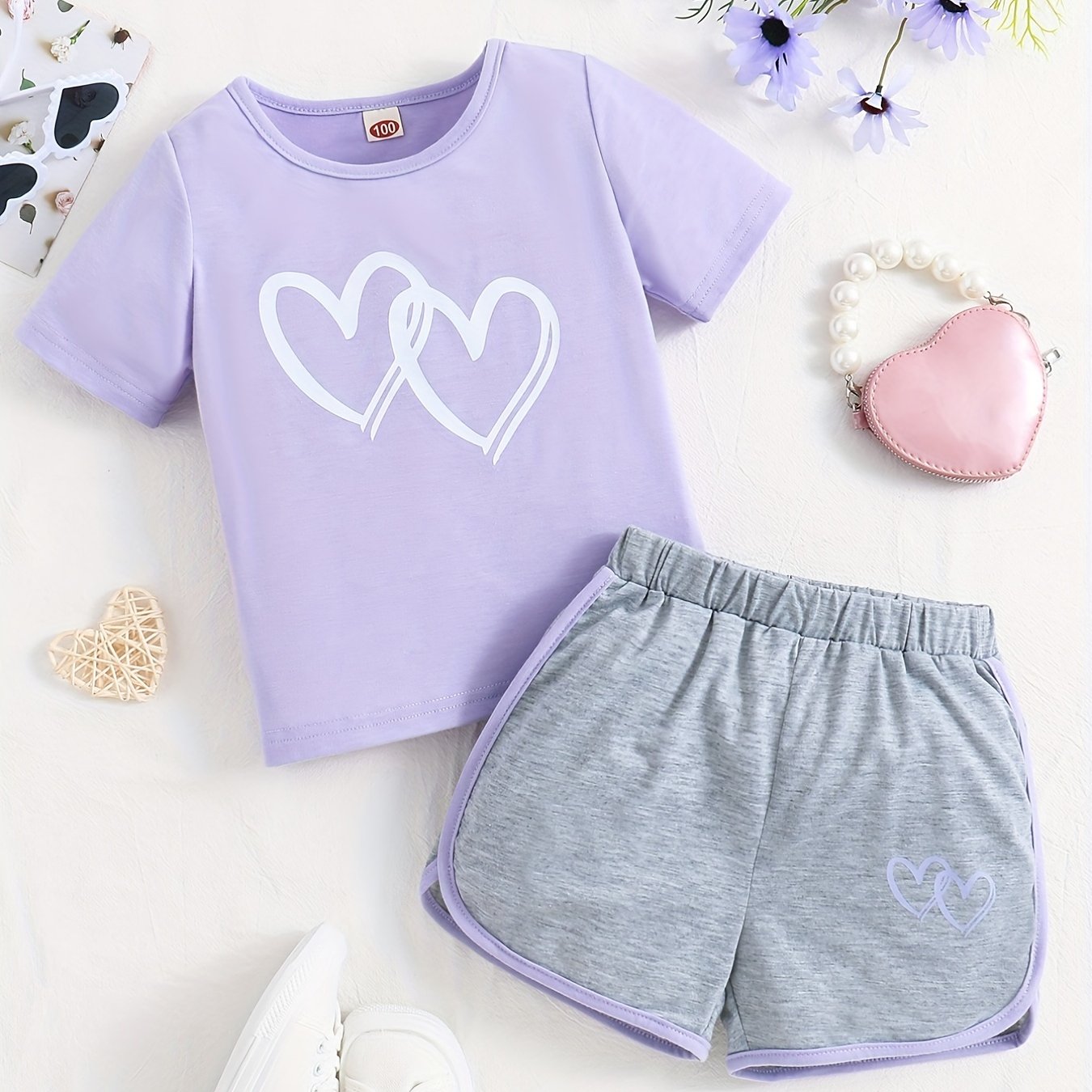 1 pcs Adorable Toddler Girls' Heart Graphic Tees - Casual Round Neck, Contrast Binding, Breathable Fabric, Comfortable Fit - Summer Outfit, Track Shorts, Kids' Wardrobe Essentia