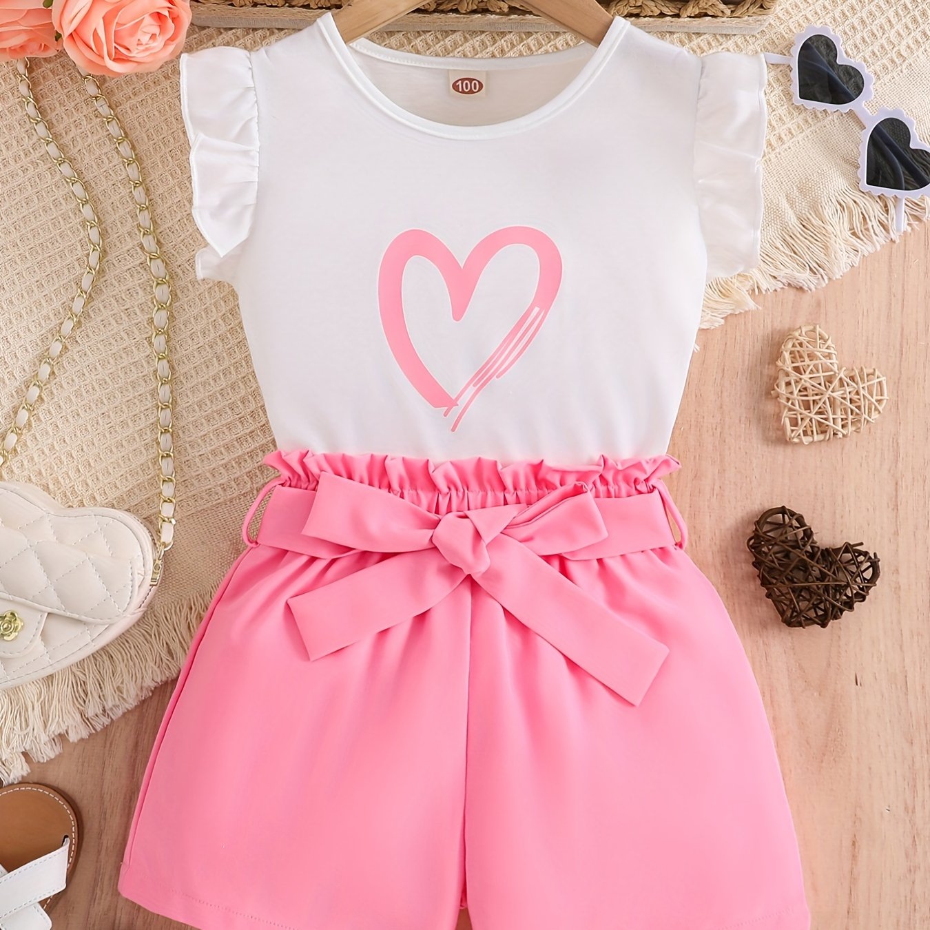 2pcs Girls Daily Casual Heart Print Crew Neck Sleeveless Top & Bow Shorts With Belt For Summer Kids Clothes