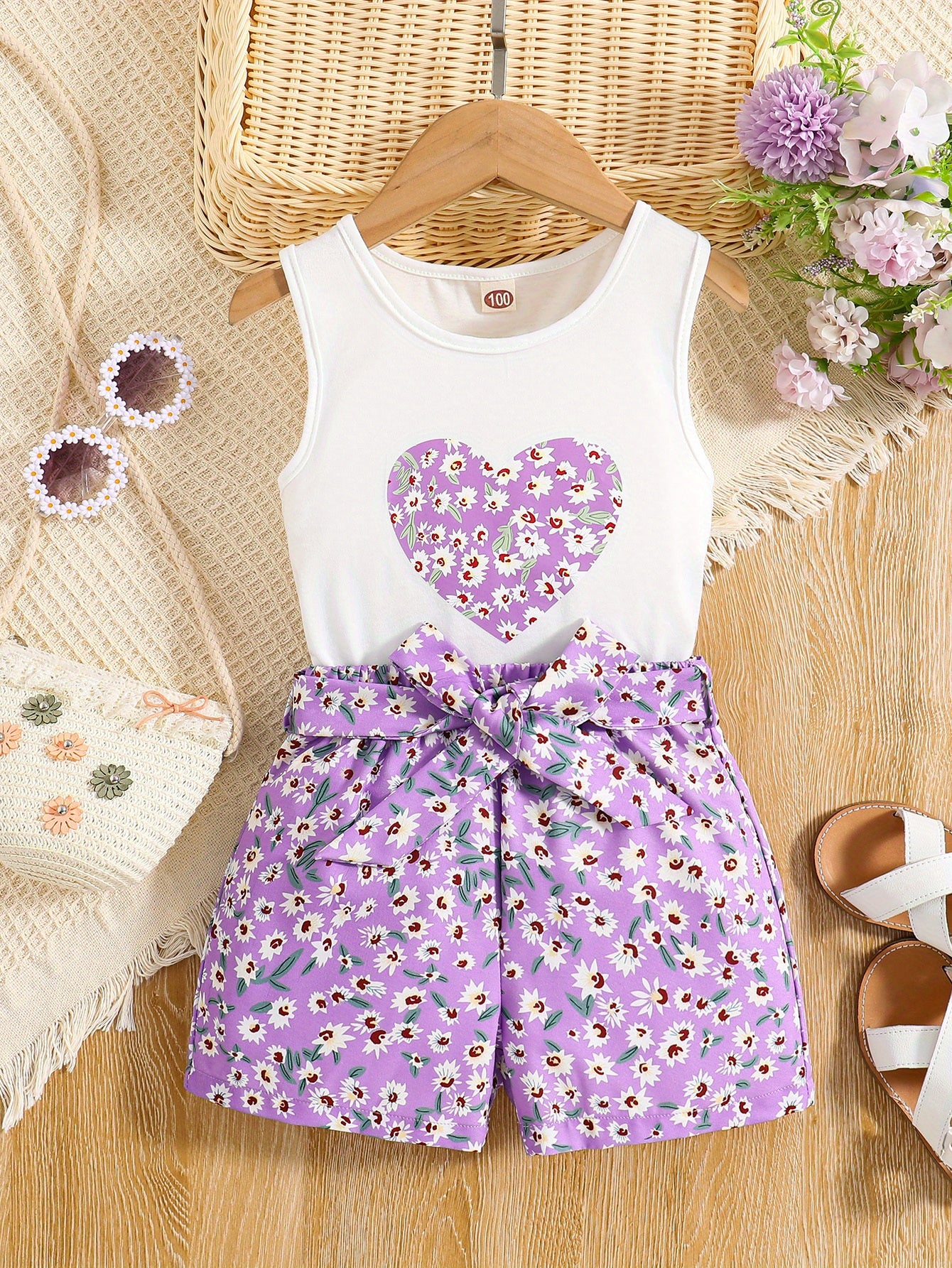 Girls 2pcs Round Neck Sleeveless Tank Top & Elastic Waist Shorts With Belt Floral Love Print Casual Kids Clothes Summer