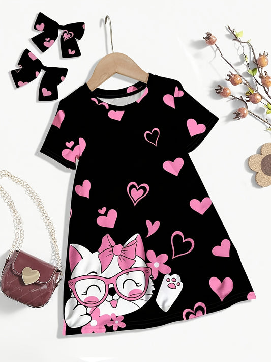 1pc Girls' Fashion Heart Print Dress - Casual Loose Fit Polyester Knit Dress for Kids, Spring/Summer/Autumn, with Matching Bow Hair Accessories
