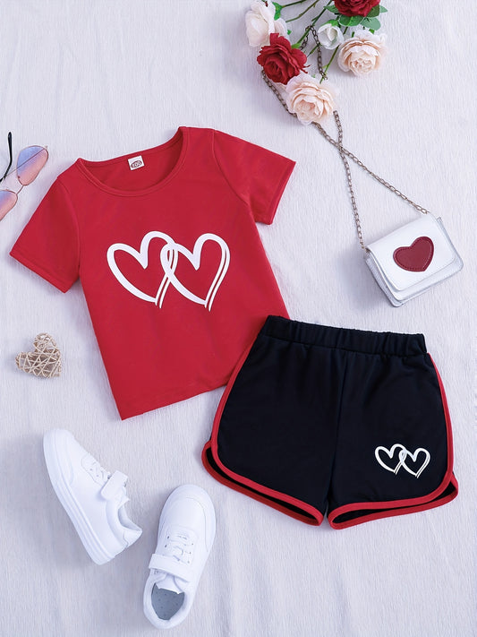 1 pcs Adorable Toddler Girls' Heart Graphic Tees - Casual Round Neck, Contrast Binding, Breathable Fabric, Comfortable Fit - Summer Outfit, Track Shorts, Kids' Wardrobe Essentia