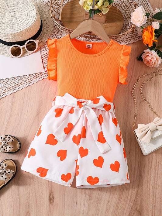 Girls Ruffle Trim Round Neck Top & Heart Graphic Belted Shorts Set Kids Summer Clothes
