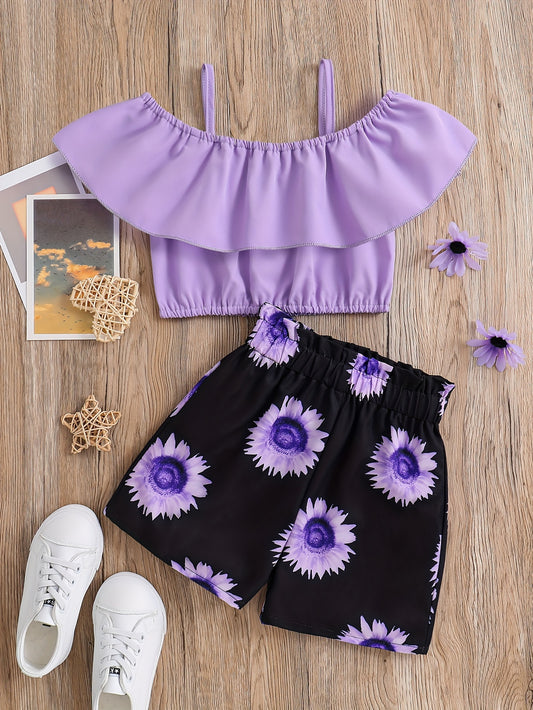 2pcs Toddler Girls Ruffle Trim Cold Shoulder Crop Top & Sunflower Graphic Shorts Set Kids Summer Clothes
