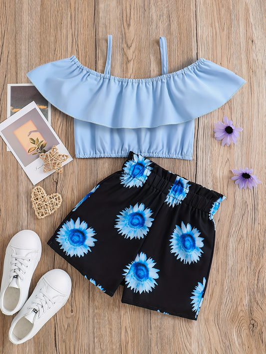 2pcs Toddler Girls Ruffle Trim Cold Shoulder Crop Top & Sunflower Graphic Shorts Set Kids Summer Clothes