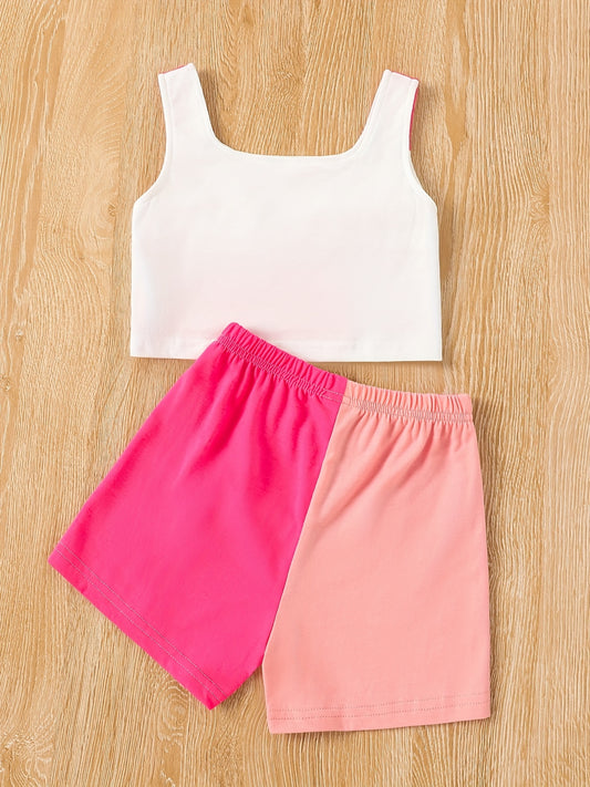 2pcs Toddler Girls Color Block Cami Tops & Bow Elastic Waist Plaid Shorts Set Kids Summer Clothes
