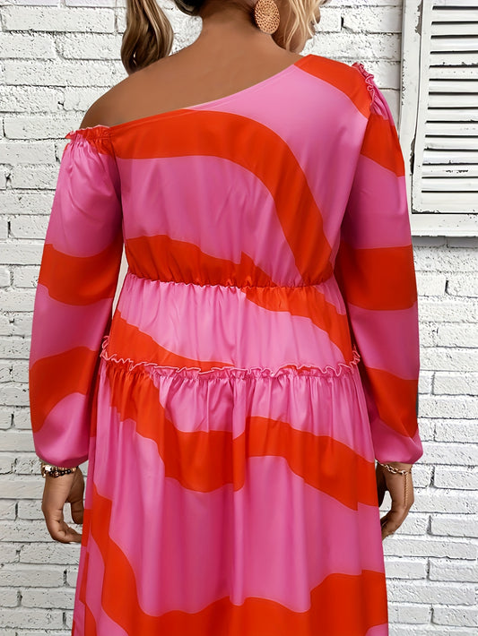 Chic Off-Shoulder Ruffle Sleeve Mini Dress - Vibrant Pink & Orange Abstract Print, Asymmetrical Hem, Polyester, Machine Washable, Perfect for Casual or Vacation Outfits