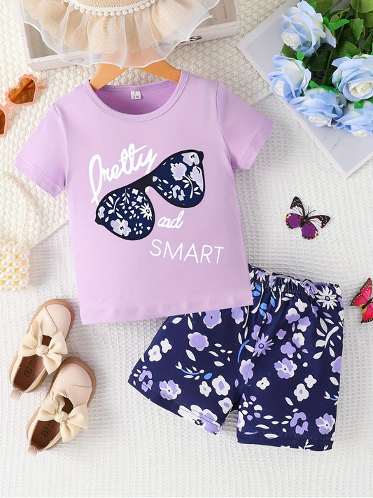 Kids' Alphabet Print Casual Short Set - Round Neck Spring/Autumn Outfit for Boys and Girls - Soft Polyester Blend, Machine Washable, Comfortable and Breathable