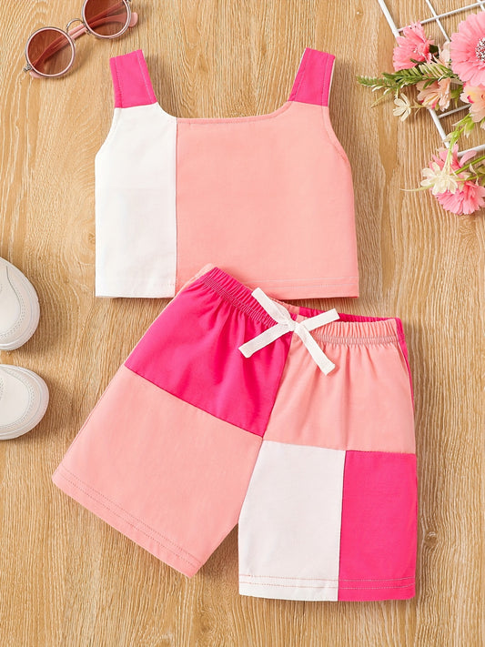 2pcs Toddler Girls Color Block Cami Tops & Bow Elastic Waist Plaid Shorts Set Kids Summer Clothes