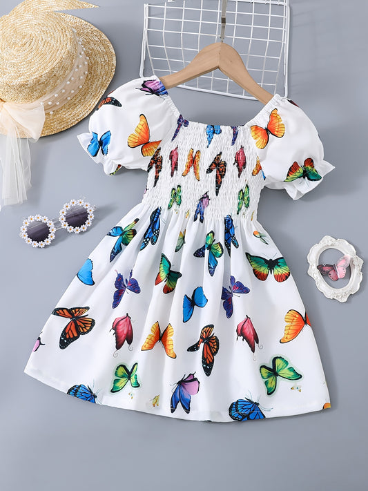 Girls Shirred Puff Sleeve Frill Trim Butterfly Pattern Party Dress Kids Summer Clothes