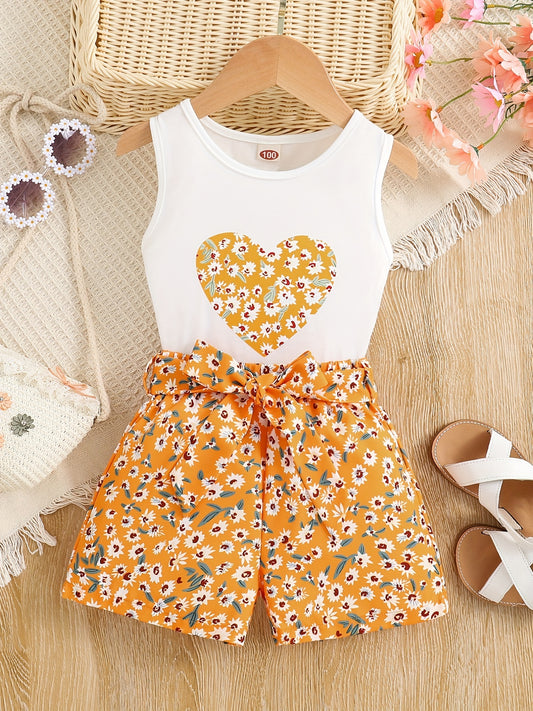 Girls 2pcs Round Neck Sleeveless Tank Top & Elastic Waist Shorts With Belt Floral Love Print Casual Kids Clothes Summer