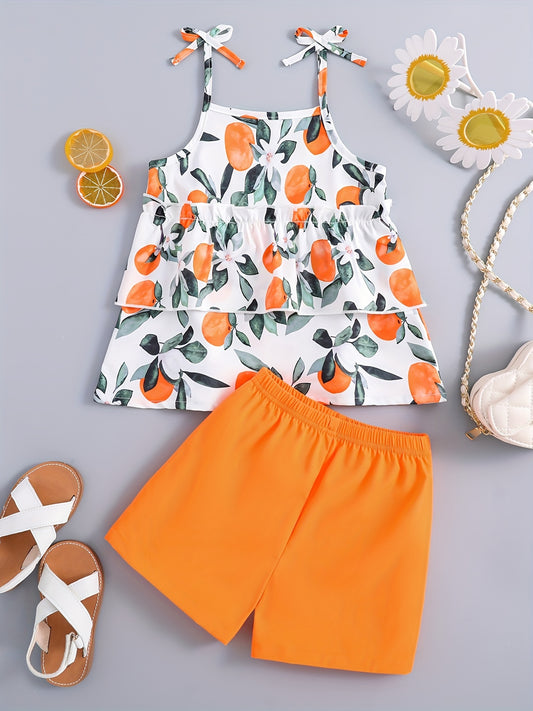 2pcs Girls Fruit Print Layered Hem Bow Cami Top & Elastic Waist Shorts Set Kids Summer Clothes