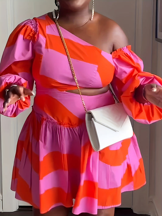 Chic Off-Shoulder Ruffle Sleeve Mini Dress - Vibrant Pink & Orange Abstract Print, Asymmetrical Hem, Polyester, Machine Washable, Perfect for Casual or Vacation Outfits