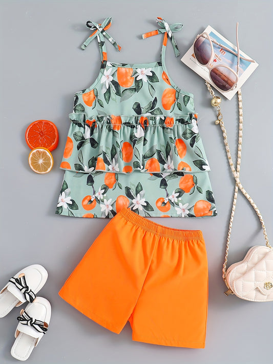 2pcs Girls Fruit Print Layered Hem Bow Cami Top & Elastic Waist Shorts Set Kids Summer Clothes