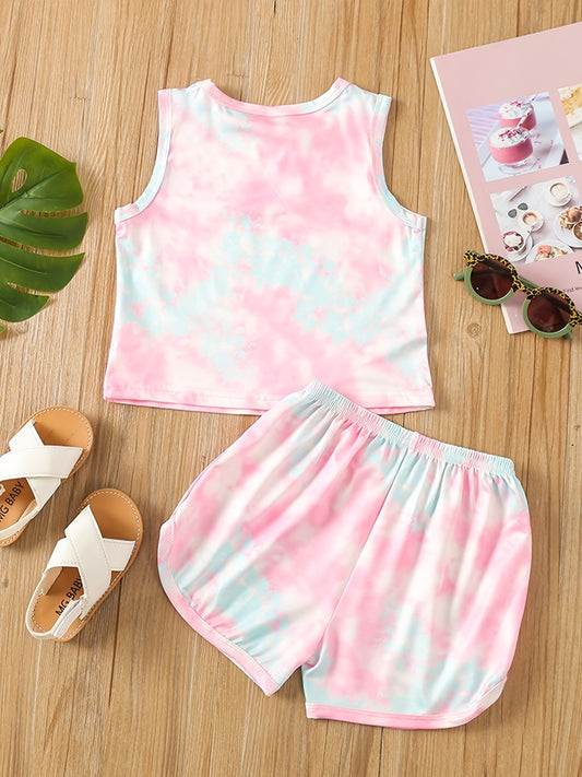 Kids Girls Daily & Casual Elastane Crew Neck Polyester Tie Dye Sleeveless Tank Top & Shorts Set For Summer Party