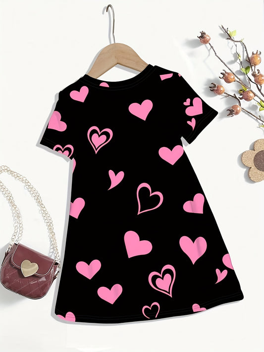 1pc Girls' Fashion Heart Print Dress - Casual Loose Fit Polyester Knit Dress for Kids, Spring/Summer/Autumn, with Matching Bow Hair Accessories