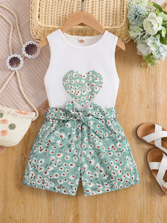 Girls 2pcs Round Neck Sleeveless Tank Top & Elastic Waist Shorts With Belt Floral Love Print Casual Kids Clothes Summer