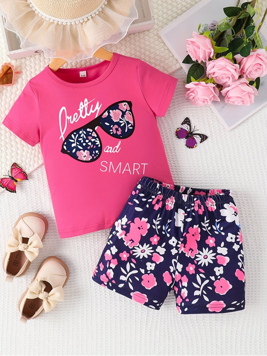 Kids' Alphabet Print Casual Short Set - Round Neck Spring/Autumn Outfit for Boys and Girls - Soft Polyester Blend, Machine Washable, Comfortable and Breathable