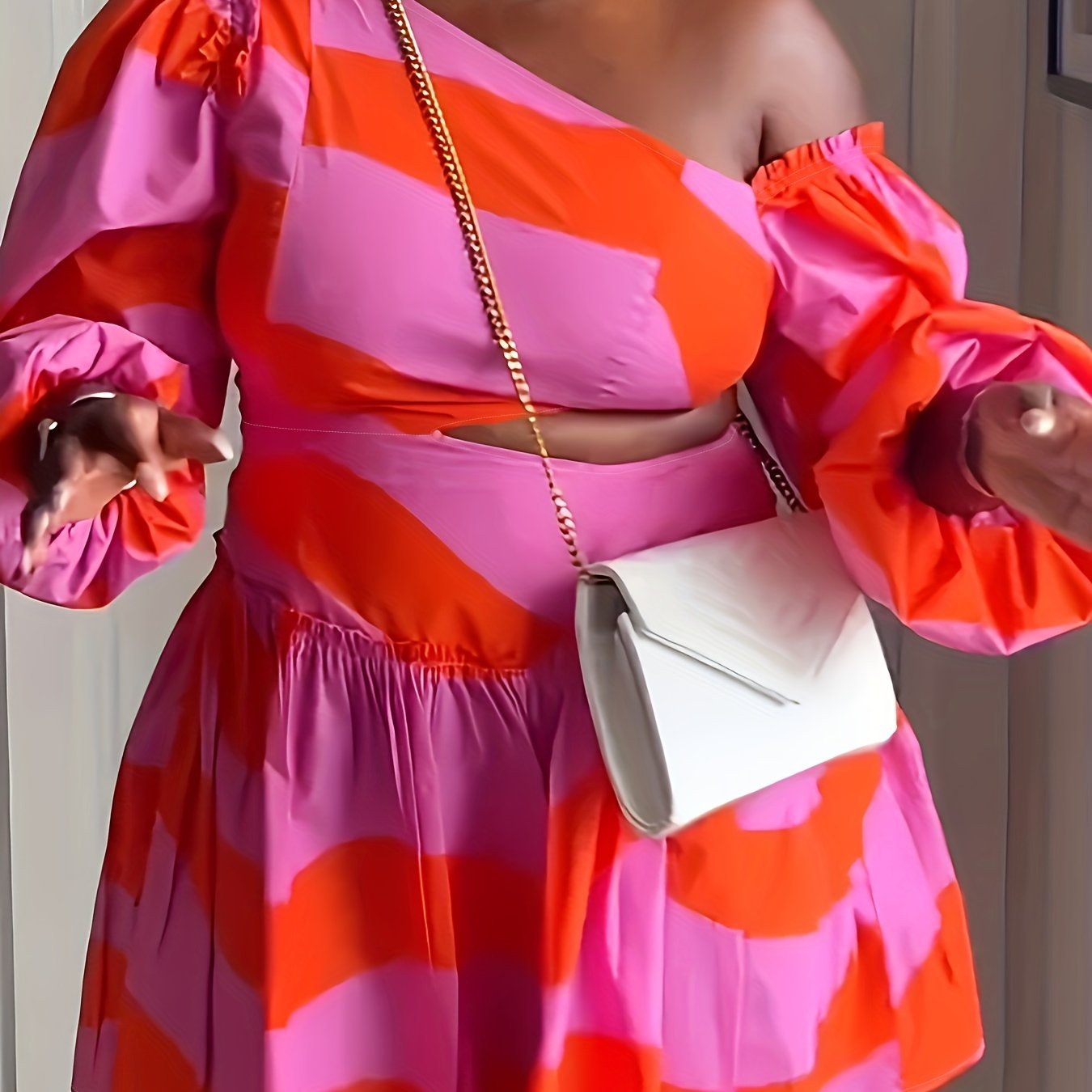 Chic Off-Shoulder Ruffle Sleeve Mini Dress - Vibrant Pink & Orange Abstract Print, Asymmetrical Hem, Polyester, Machine Washable, Perfect for Casual or Vacation Outfits