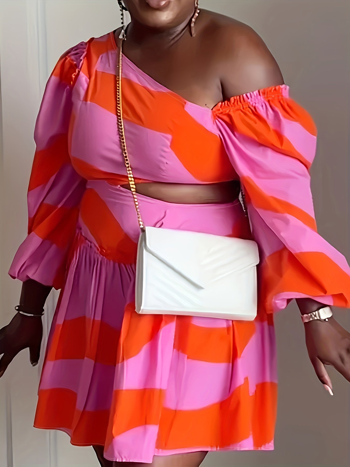 Chic Off-Shoulder Ruffle Sleeve Mini Dress - Vibrant Pink & Orange Abstract Print, Asymmetrical Hem, Polyester, Machine Washable, Perfect for Casual or Vacation Outfits