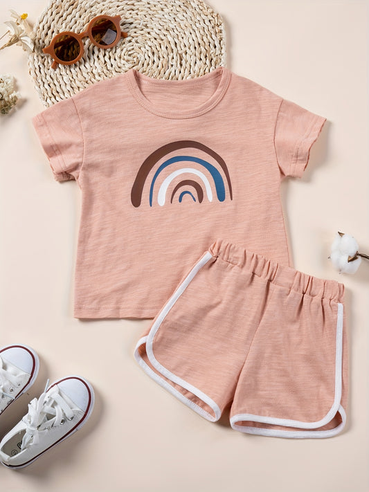 2-Piece Toddler Girls' Summer Tracksuit - Rainbow Printed T-Shirt and Short Pants Set - Casual Cotton Clothing for Kids - Comfortable and Breathable - Perfect for Outdoor Play