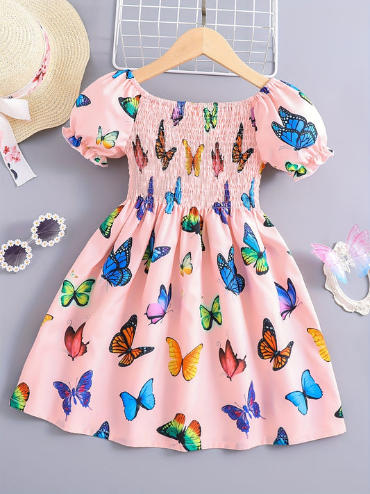 Girls Shirred Puff Sleeve Frill Trim Butterfly Pattern Party Dress Kids Summer Clothes