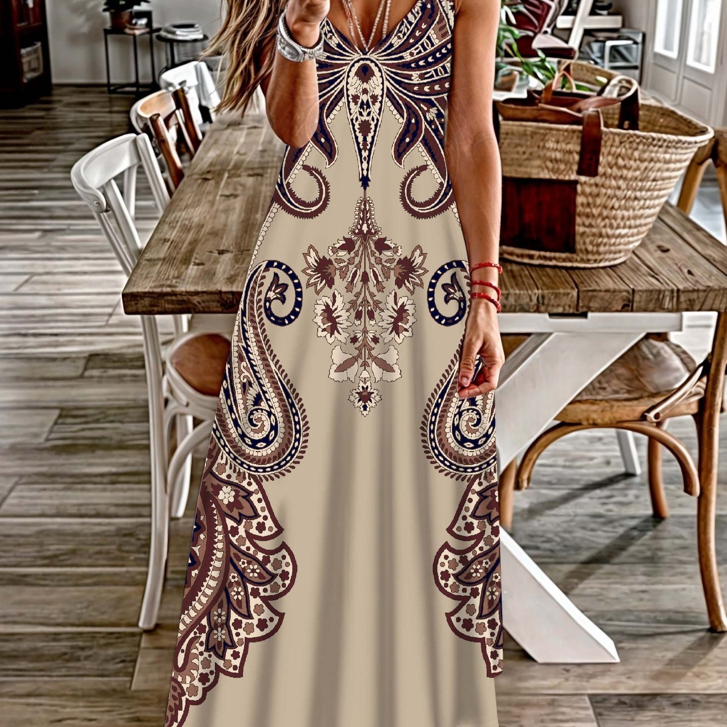 Paisley Print Spaghetti Strap Dress, Casual Sleeveless Cami Dress, Women's Clothing